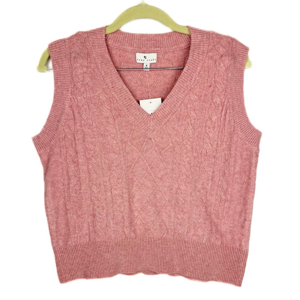 Nwt True Craft Pink Cable Knit Sleeveless Stretch V-Neck Sweater Vest‎ Sz Small